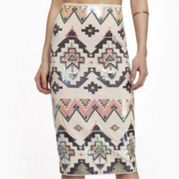 Express Dresses & Skirts - 🎉HP🎉 x2 🖤💚 Express Aztec Sequin High Rise Midi Skirt - Small
